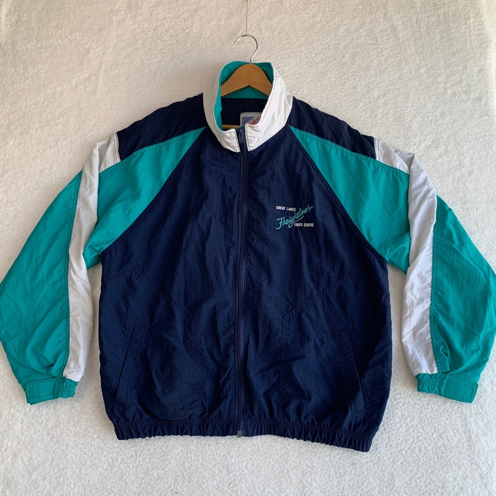 VTG Modern Headwear Freightliner Windbreaker Jacket Mens XL Full Zip Navy Teal